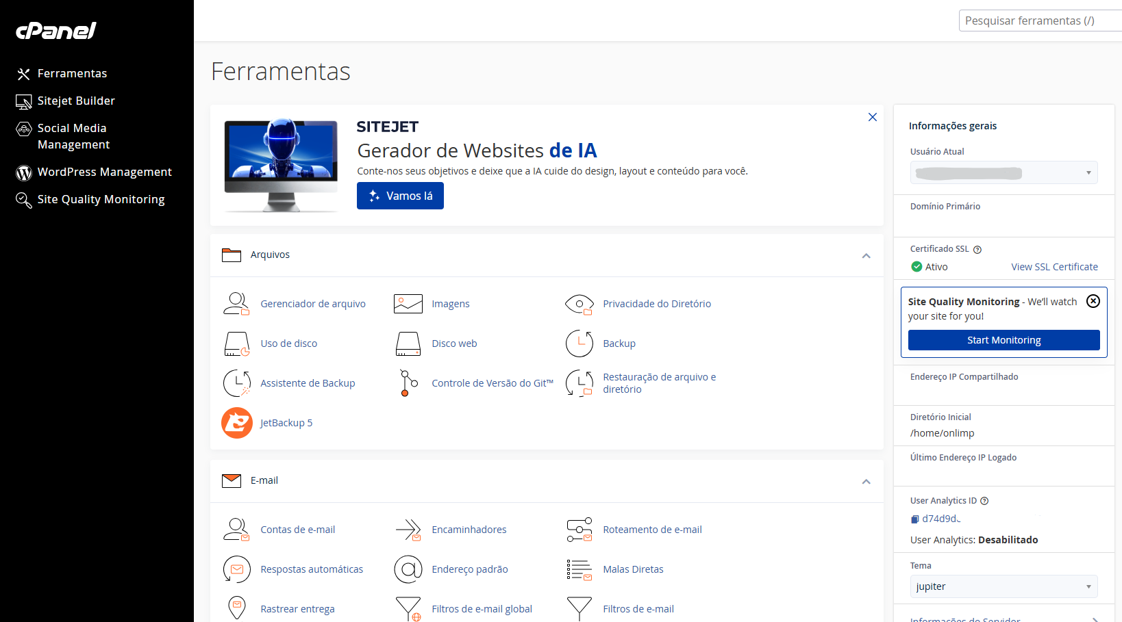 Painel de controle cPanel da Wexon Host